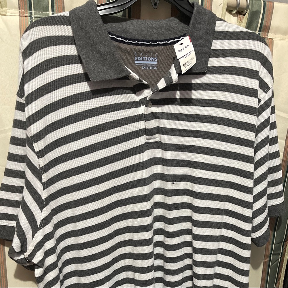 Basic Editions Mens Comfortable White with Gray Stripes Polo Shirt